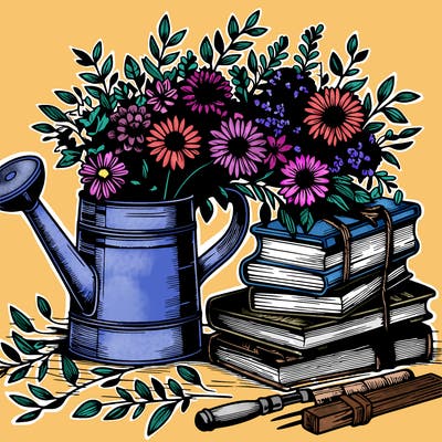 rustic books and watering can full of flowers realistic