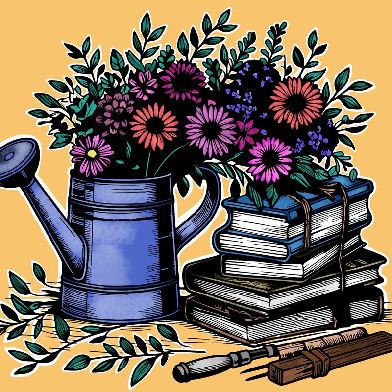 rustic books and watering can full of flowers realistic