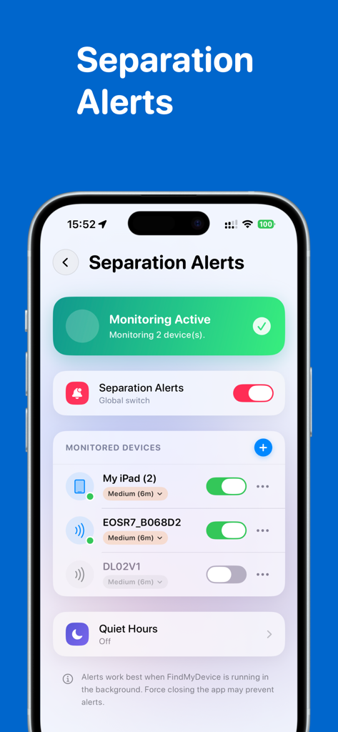 Device Finder Bluetooth Track - Pantalla de alertas de separación en la aplicación Device Finder mostrando monitorización activa de dispositivos Bluetooth rastreados