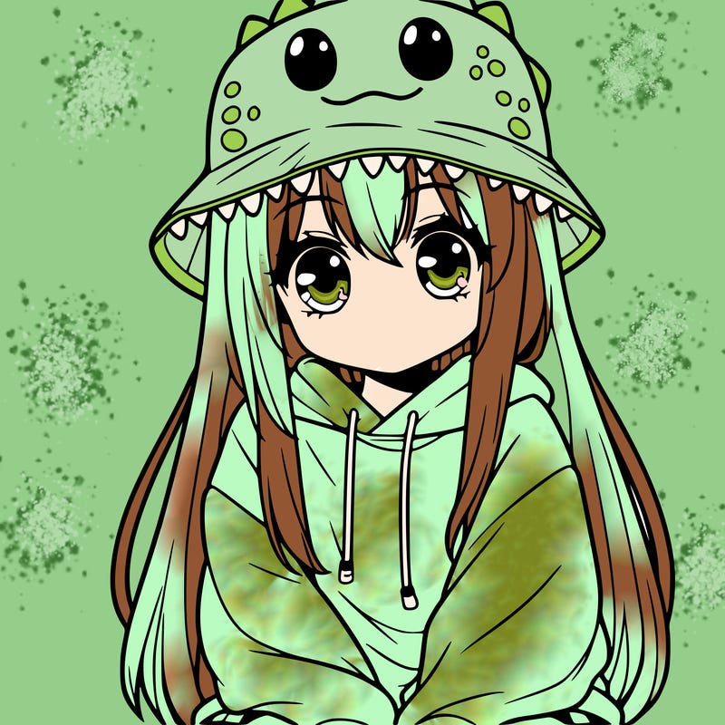 girl with anime shaped eyes with a dinosaur bucket hat oversized sweatshirt long straight hair