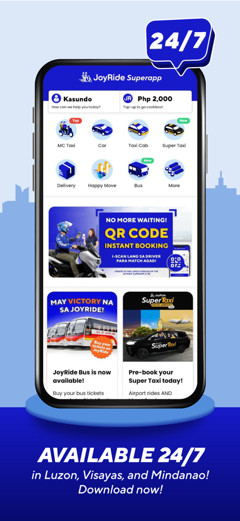 JoyRide: Book Moto Taxi & Car - JoyRide Superapp home screen showing motorcycle taxi and car booking options