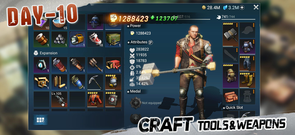 Lost in Blue character inventory and equipment screen for crafting tools and weapons