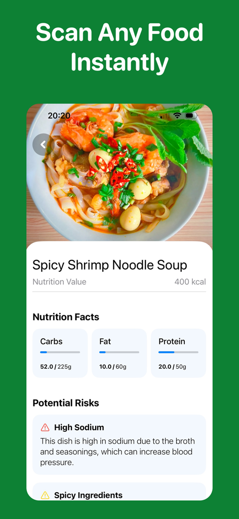 AI Food Scanner - NutriScan - AIフードスキャナーアプリが、スパイシーシュリンプヌードルスープの栄養情報と健康リスクを表示