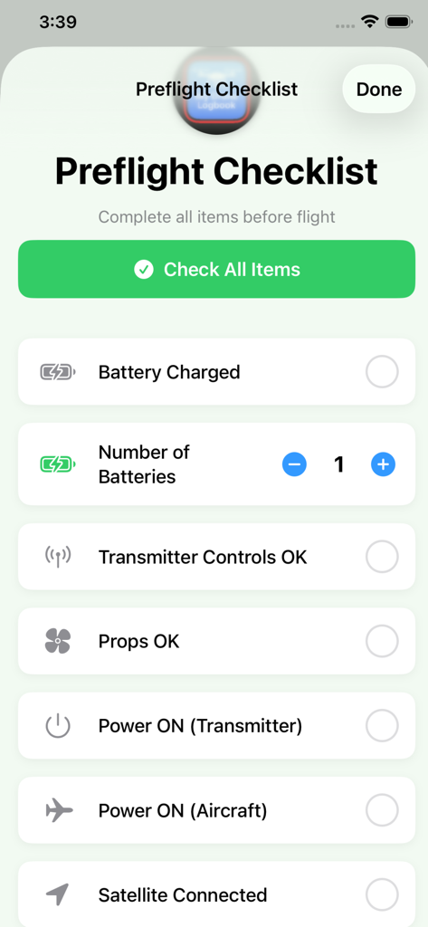 My Drone Log Books - Preflight checklist screen in the My Drone Log Books app displaying safety verification steps for drone pilots