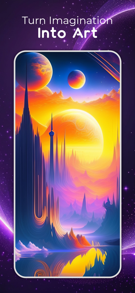 Un paisaje de ciencia ficción digital vibrante con agujas futuristas y múltiples planetas generados por Generador de Arte IA