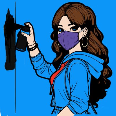 realistic girl with mask spray painting a wall