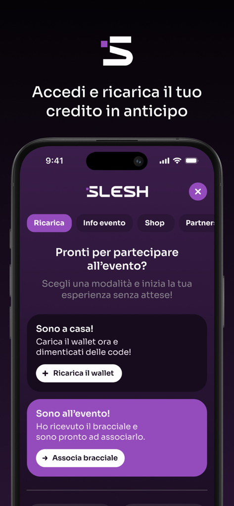 Slesh - Slesh app interface for festival cashless payments showing options to recharge a digital wallet or pair an NFC bracelet