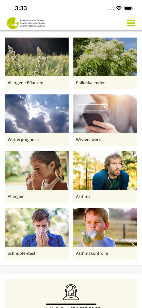 Pollen-News - Main menu of the Pollen-News app showing health categories like allergenic plants, weather forecasts, and asthma information.