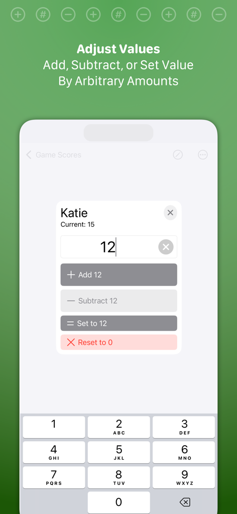 Tally • Quick Counter - The adjust values interface in the Tally app for manually adding subtracting or setting counter amounts