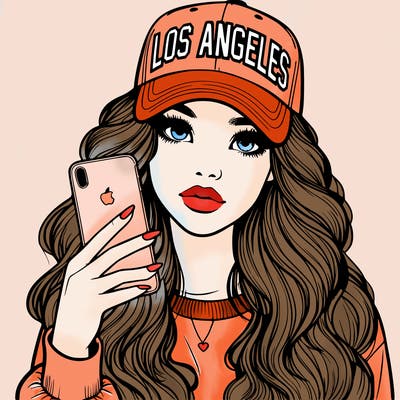 realistic beautiful girl wearing los ángeles cap holding an iphone