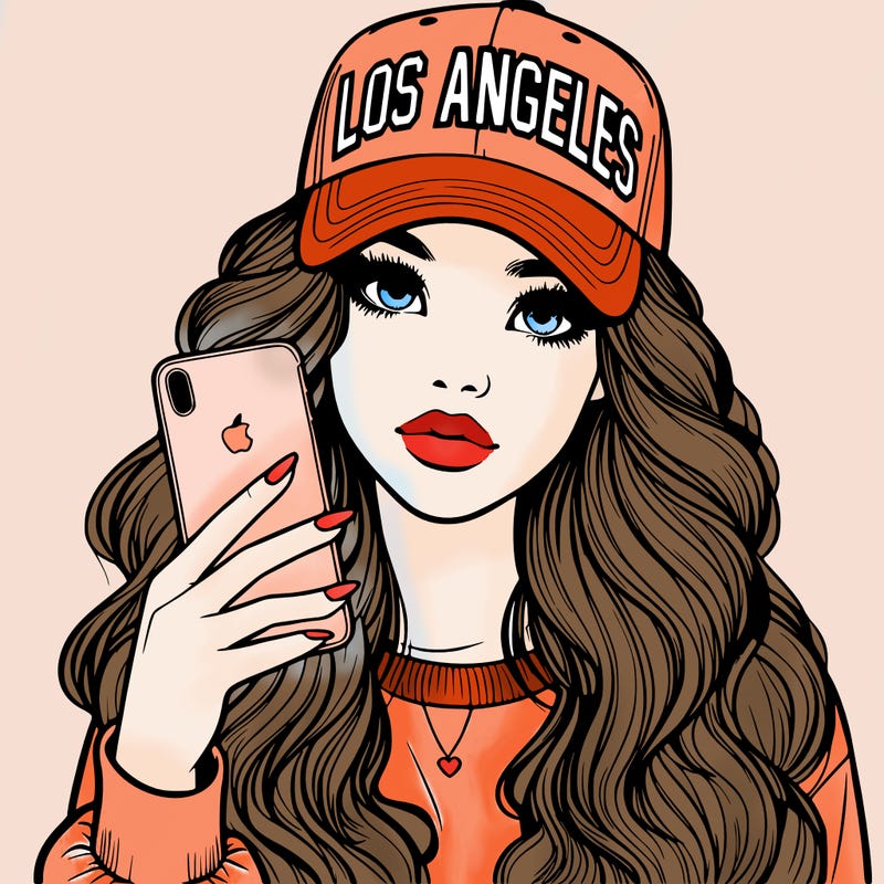 realistic beautiful girl wearing los ángeles cap holding an iphone