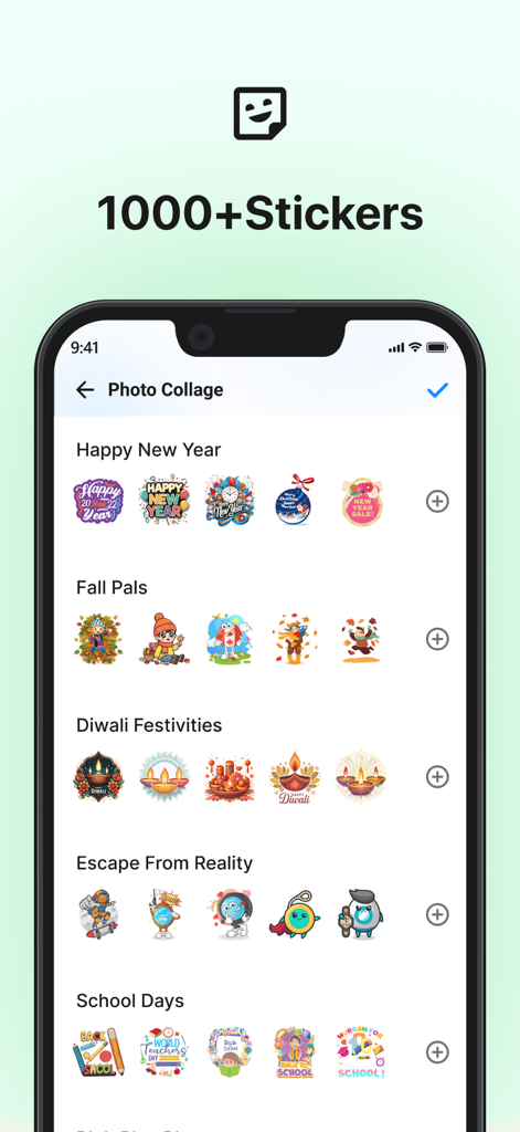 Photo Collage Maker & Stickers - Interfaz de la aplicación Creador de Collages de Fotos que muestra diferentes categorías de stickers digitales, incluidos temas de temporada y festivos.