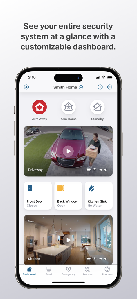 Smartphone displaying the Arlo Secure app dashboard with live camera feeds and home security status alerts.