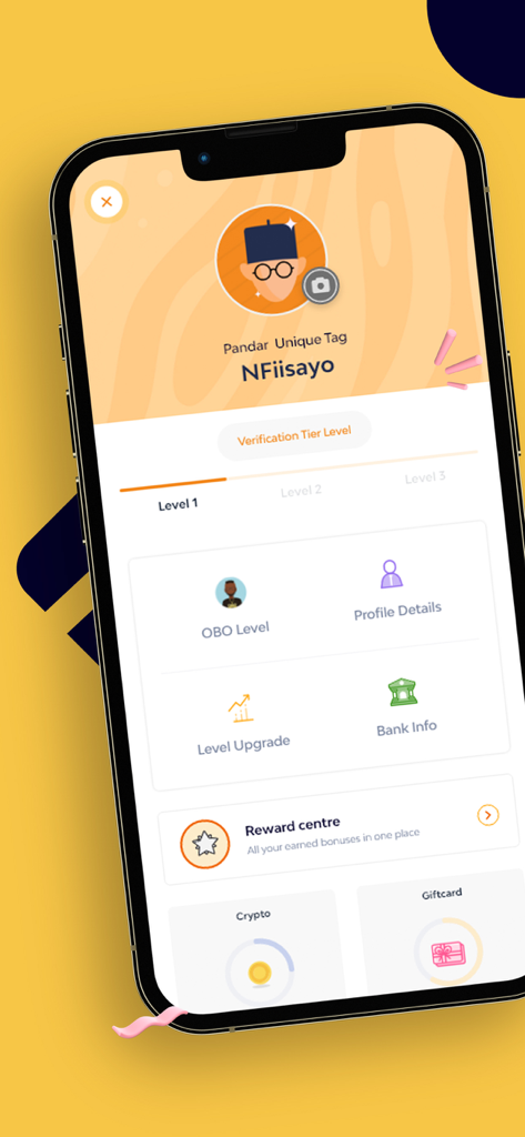 Pandar App - Pandar App user profile screen showing verification levels, reward centre, and account options like bank info and profile details.
