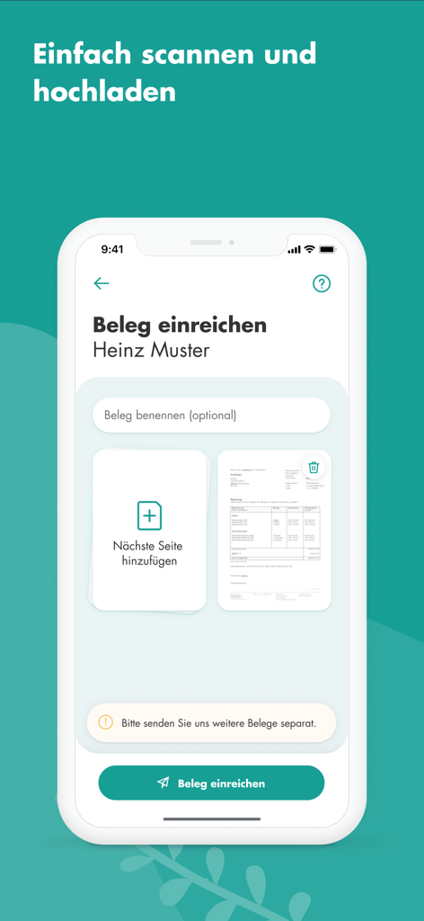 mySWICA app interface for scanning and uploading medical invoices