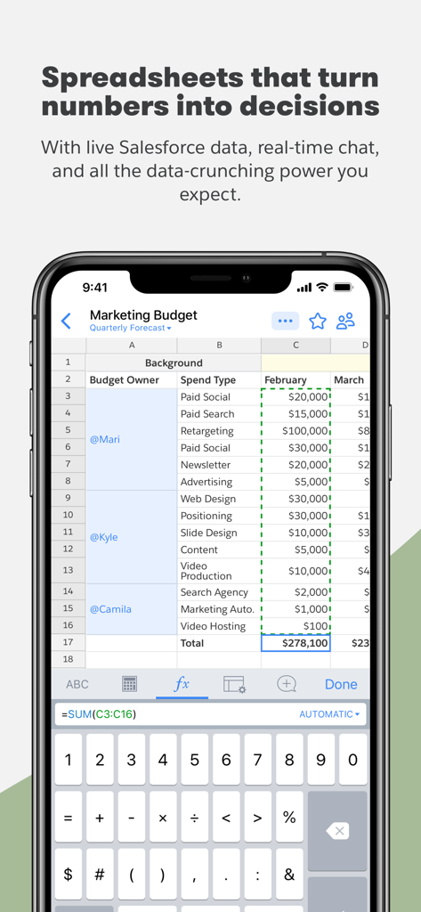 Quip - Docs, Chat, Sheets - 特殊な数値キーボードを備えたマーケティング予算を表示するQuipモバイルスプレッドシートインターフェイス