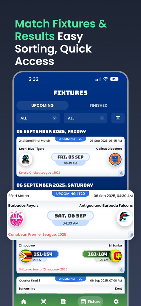 Cricket Fast Live Line - A screenshot of the Cricket Fast Live Line app showing upcoming and finished match fixtures with team logos and dates.