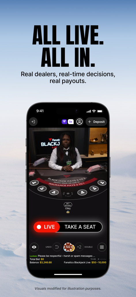 Fanatics Casino - Real Money - Fanatics Casino app interface showing a live dealer blackjack game with real time betting options.