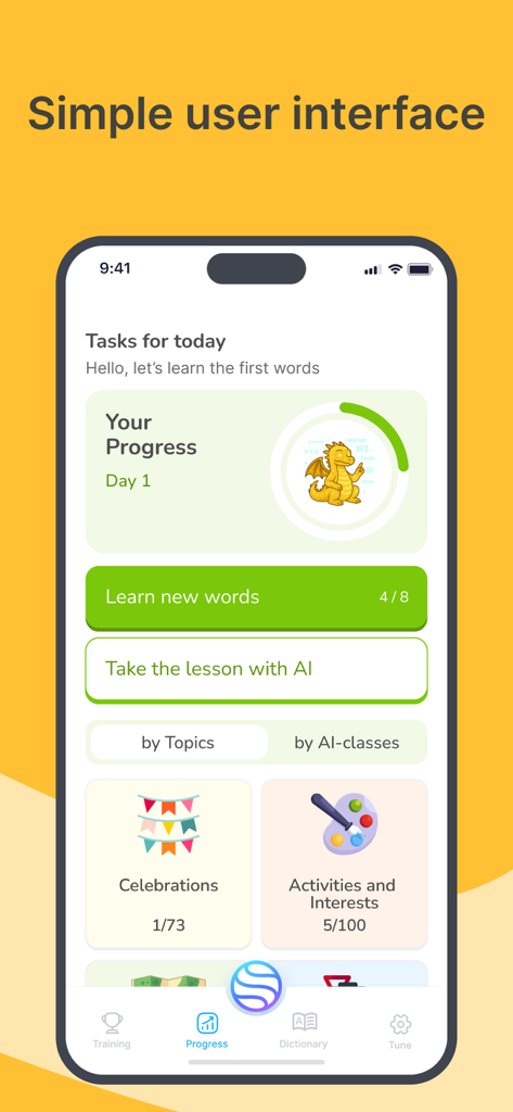 AI French Minute - AI French Minute app dashboard displaying daily tasks progress tracking and language learning categories.