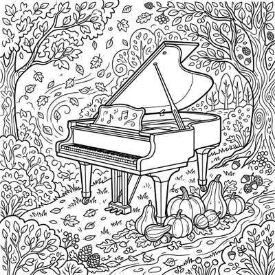 Discover the elegance of a grand piano set against a beautiful autumn backdrop, perfect for a cozy coloring session. This intricate design combines musical charm with the warm vibes of falling leaves and harvest treasures.
