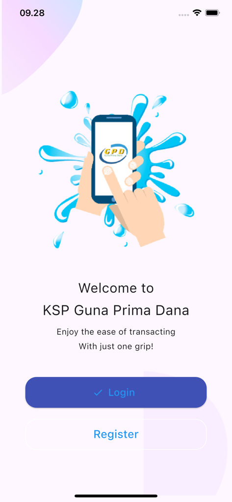 GPD Online New - Welcome screen of GPD Online New app with login and register buttons
