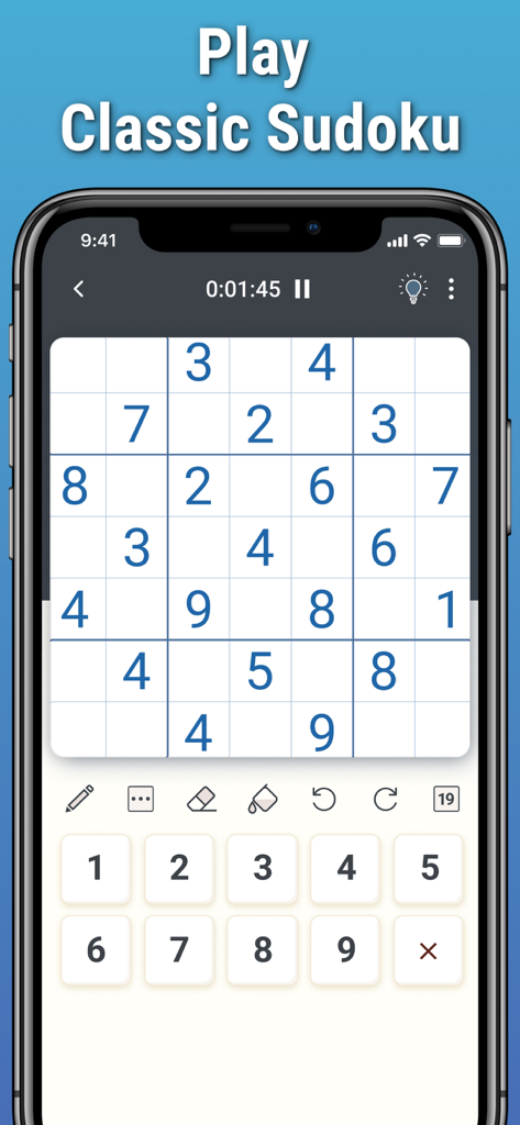 Sudoku by Logic Wiz - Classic Sudoku 9x9 board on a mobile screen showing numbers and game controls