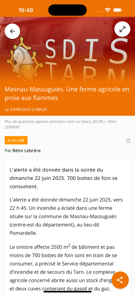 Le Journal d'Ici - Capture d'écran d'un article de presse du Journal d'Ici rapportant un incendie de ferme à Masnau-Massuguies avec le logo du SDIS Tarn.