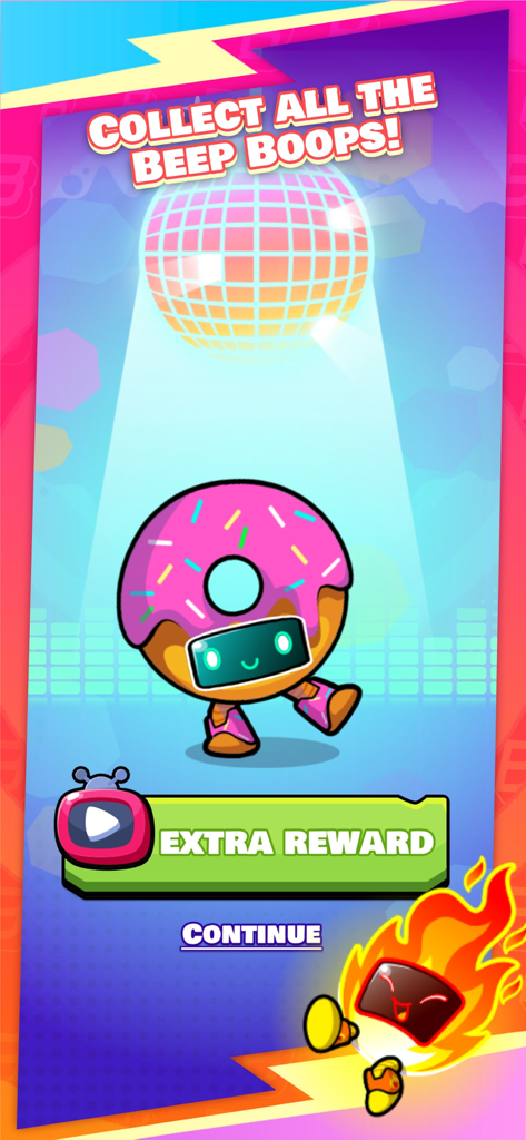 A pink donut robot character dancing under a disco ball in Beep Boop The Game