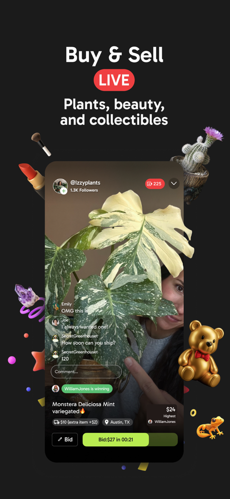 Palmstreet app interface showing a live auction for a rare variegated Monstera plant with bidding and chat features