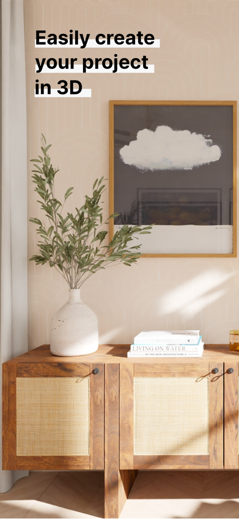 A realistic 3D render of a modern interior space with the text Easily create your project in 3D