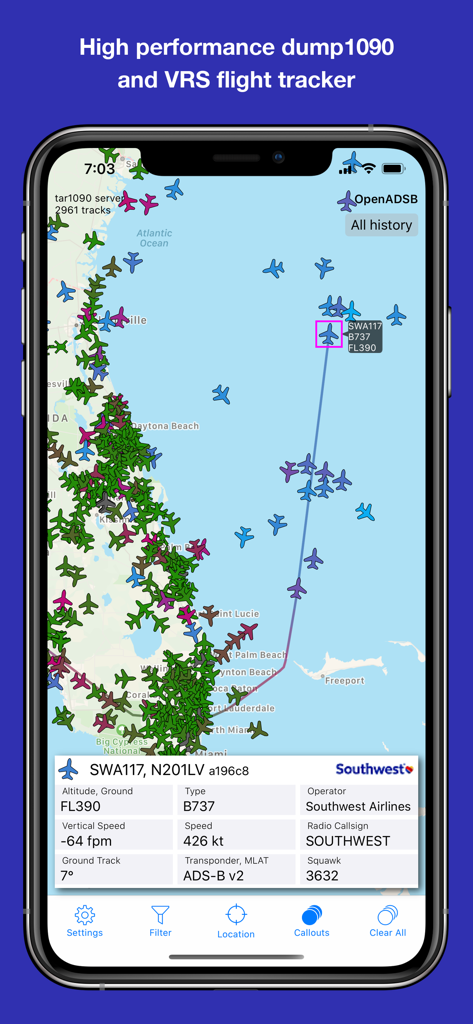 OpenADSB flight tracker app on iPhone showing a live map with aircraft and detailed flight technical data
