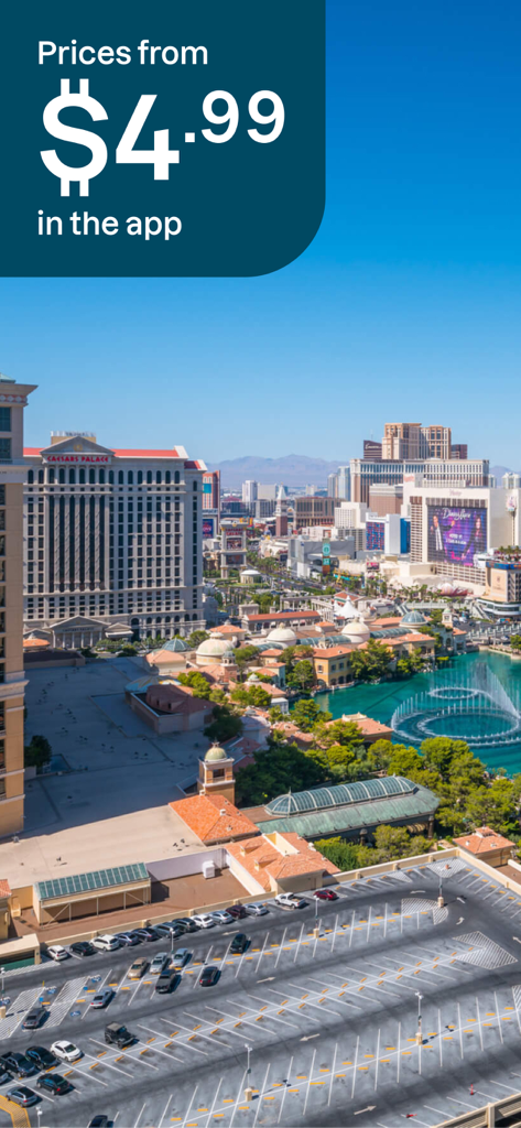 Promoción de la app de Greyhound que muestra tarifas de autobús desde 4.99 con un fondo del paisaje urbano de Las Vegas