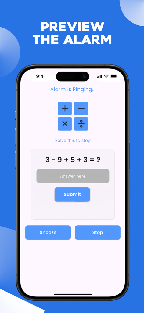 Wake Up - Math Alarm Clock - Math alarm clock interface showing a math problem that must be solved to stop the alarm