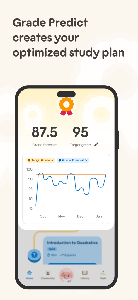Educato app interface showing a grade forecast graph and target grade for personalized exam preparation