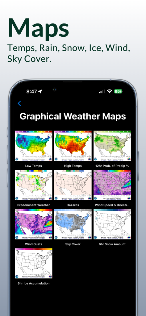 NOAA Weather Radio - Graphical weather maps for temperature precipitation and wind speed in the NOAA Weather Radio app