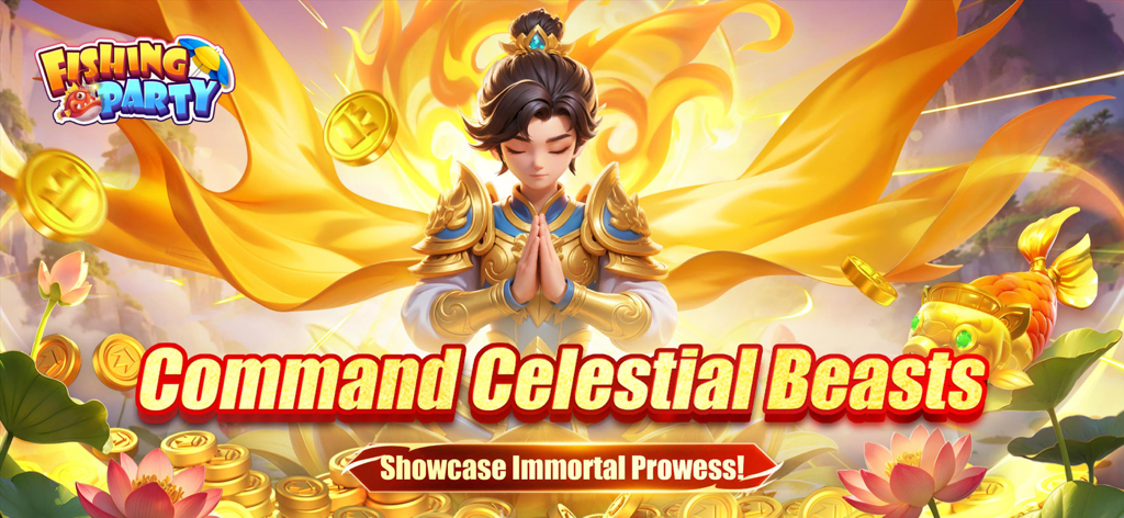 Fishing Party-Happy Casino - Um personagem celestial cercado por moedas de ouro e flores de lótus no jogo mobile Fishing Party.