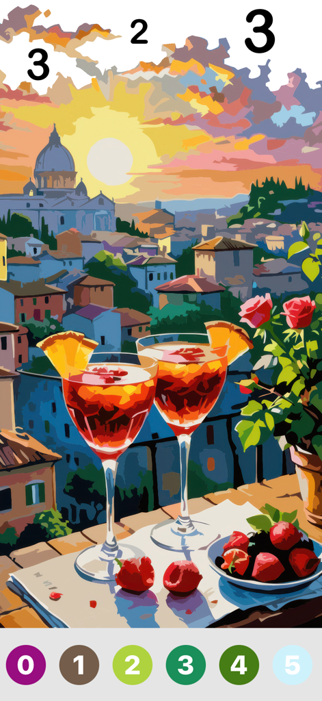 Oil Painting : Color By Number - A digital oil painting scene of a sunset over a city with cocktails for coloring