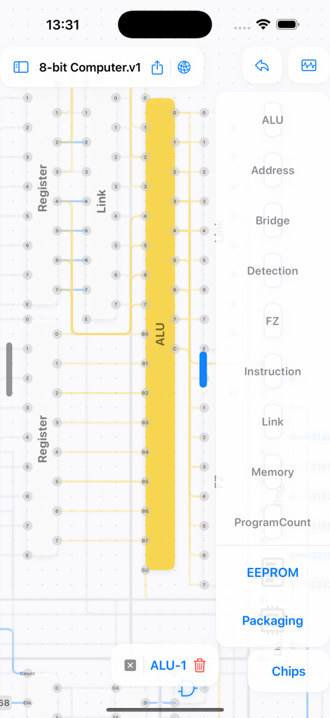 LogicalArt - Logic Gate Sim - Interface of the LogicalArt app showing an 8-bit computer circuit design with ALU and register components
