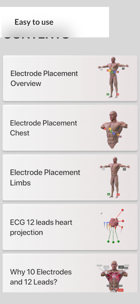 Main menu of the 3D ECG Leads app showing interactive educational modules for electrode placement