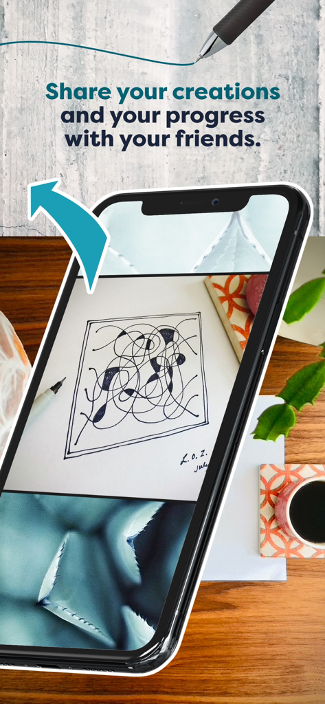 描画された抽象的な禅アート作品を表示するスマートフォンと、友達と作成物や進捗状況を共有するテキスト。