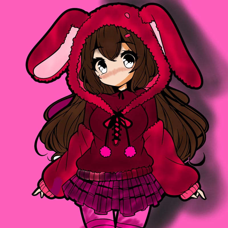 pretty anime girl wearing a fluffy hoodie with bunny ears on the hood and a skirt
