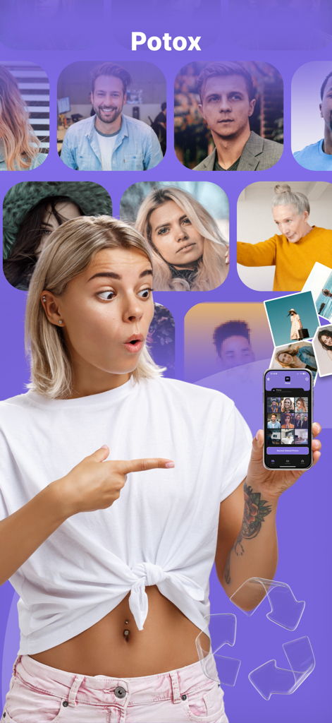 Potox: Recover Deleted Photos - A surprised woman pointing at a smartphone displaying the Potox photo recovery app gallery