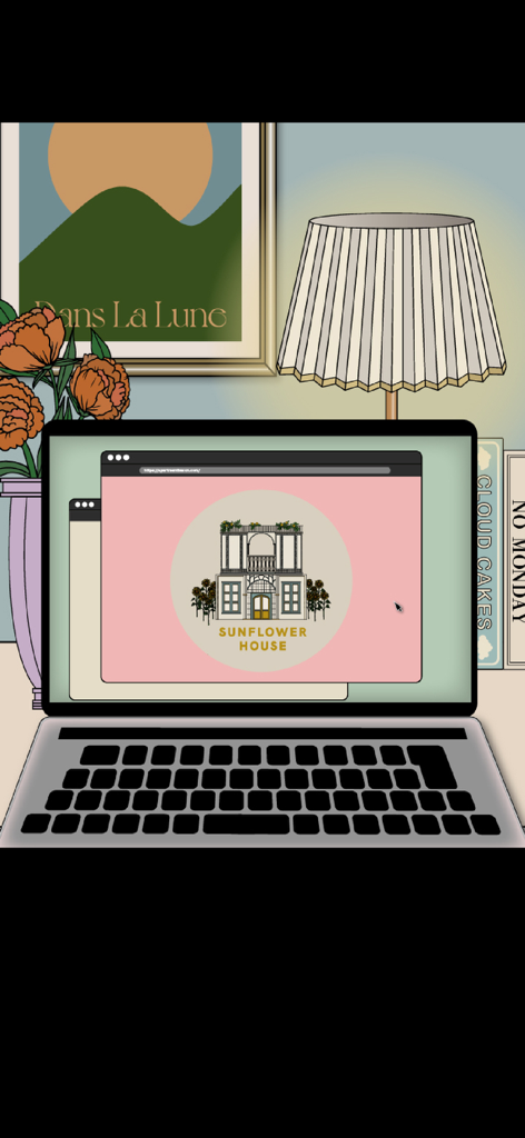 SUNFLOWER HOUSE : ROOM ESCAPE - A laptop screen displaying the Sunflower House virtual tour website in a cozy room with a lamp and floral art.
