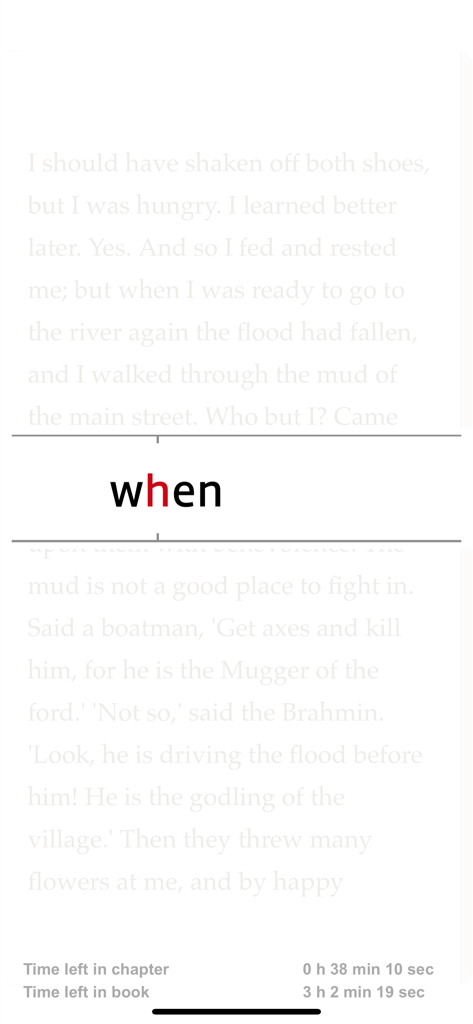 ReadMe! (BeeLine & Focus) - ReadMe app showing focused reading mode with a single word highlighted for speed reading
