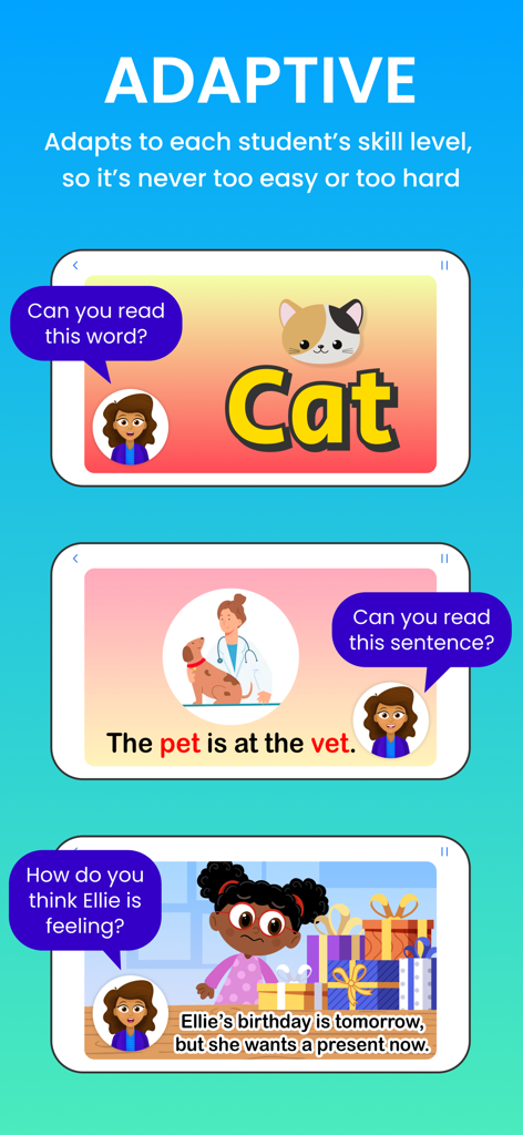 Interface of the Super Teacher app showing how lessons adapt from simple word recognition to sentence reading and emotional comprehension.