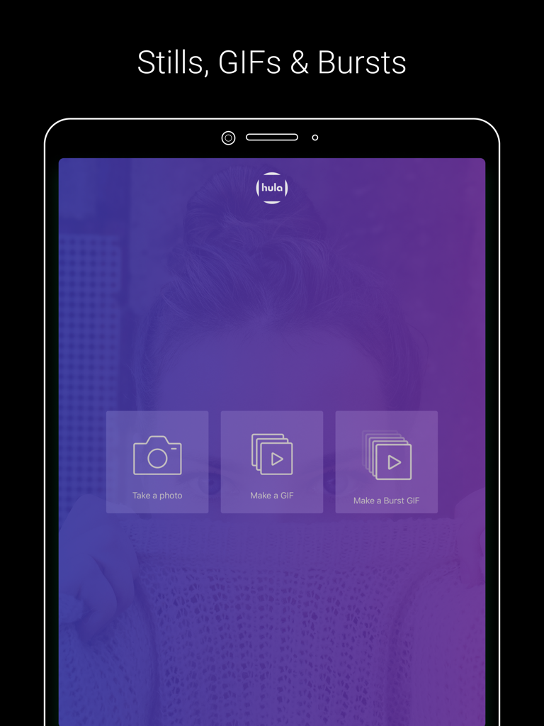 Darkroom Booth - Darkroom Booth iPad-Oberfläche mit Optionen zum Aufnehmen eines Fotos, Erstellen eines GIFs oder Erstellen eines Burst-GIFs