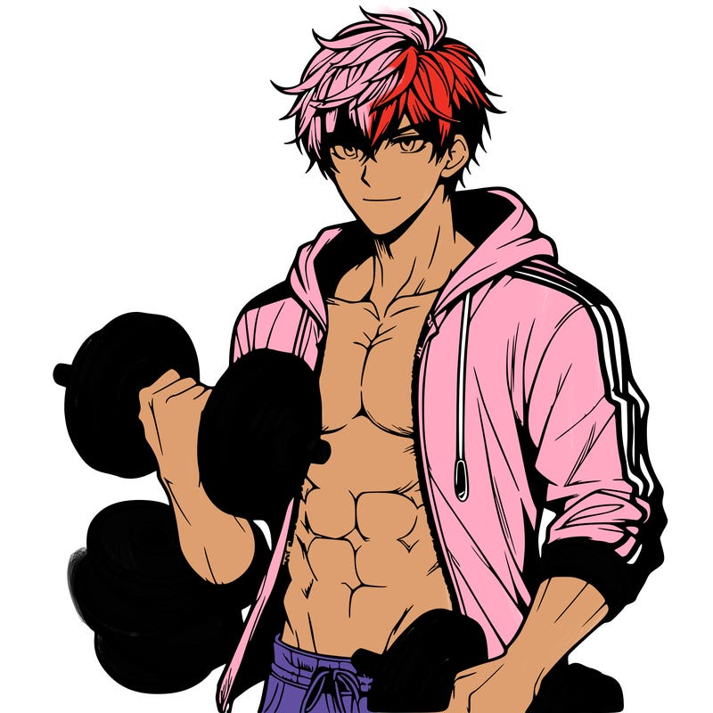 handsome muscular guy with hoodie anime holding dumbbells