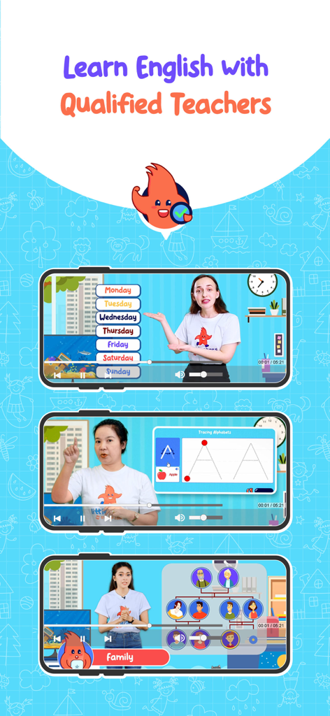 Three mobile screens showing video lessons with teachers for children learning English basics like alphabet tracing and days of the week