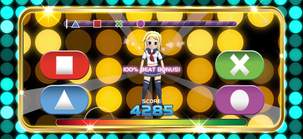 Caramella Girls Game - カラフルなタップボタンとビートボーナスメッセージで踊るアニメキャラクターが登場するCaramella Girlsリズムゲーム