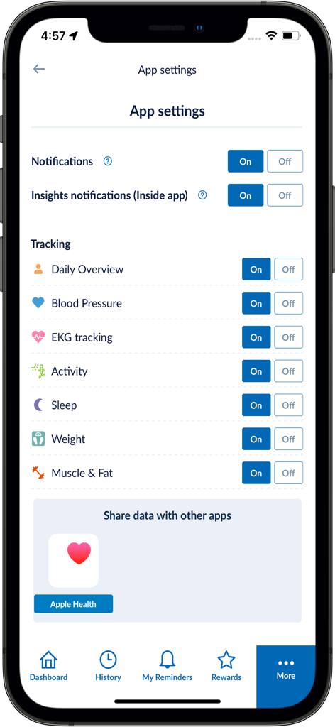 Settings screen of the OMRON connect app showing health tracking options and Apple Health integration